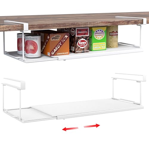 Expandable Under Cabinet Shelf, Extendable Under Shelf Storage with 0.94 Inches Thick Clips for Pantry Cabinet, Laundry Room, Shoe Rack. (White, 2 Pack, Interior: 3.66" H x 8.26" D) - color: White-3.66"h X 8.26"d-0.94" Thick Clip, size: 2 Pack
