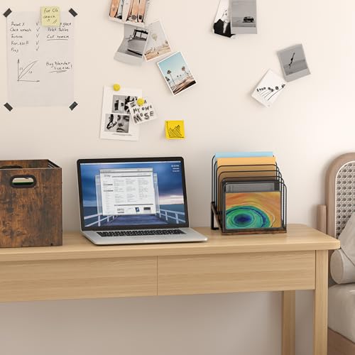 Piskyet Wooden Desk File Organizer, 5-Section Vertical File Folder Holder Stand,Metal Mail Paper Chromebook Organizer for Teacher Desk Office Classroom Desktop Organization（Inclined） - size: 5-Section Inclined