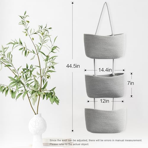 TeoKJ Over the Door Hanging Basket, 3-Tier Woven Cotton Wall-Mounted Storage Organizer Bag Decorative Hanging Nursery Baskets, Gray - color: Gray