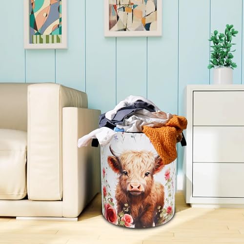 Cute Highland Cow Laundry Basket Oxford Cloth Animal Laundry Hamper With Handle Foldable Portable Clothes Storage Basket 18.9 X 16.5 Inch Storage Bag For Laundry Room/Bathroom/Bedroom/Dormitories - color: Cute Highland Cow