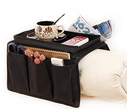 Couch Sofa Armrest Organiser with Cup Holder Tray Chair TV Remote Holder Bedside Storage Pocket Bag for Cellphone Tablet Notepad Book Magazines DVD Eyewears Drinker Snacks Holder Pouch - color: Black (with top tray)