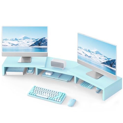 TAVR Dual Monitor Stand Riser Office Desktop Organizer Stand for 2 Monitors, Adjustable Length and Angle 3 Shelf, Extra Long Multifunctional Stand up to 43.3" fit Computer, Laptop, TV, Blue - color: Blue