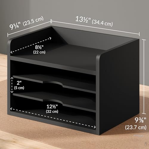 Ballucci File Organizer, 4-Tier Office Desk Organizer, Open Top Wood Paper Organizer for Classroom, Desktop Mail Sorter Paper Tray, Black - color: Black, size: 4 Tier