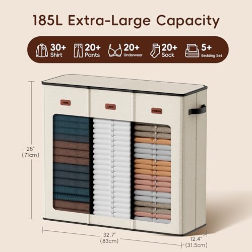 185L Laundry Hamper 3 Section, Laundry Hamper with Lid, Dirty Clothes Hamper with 3 Removable Washing Bags, Extra Large Laundry Basket Organizer for Bedroom, Laundry Room, Dorm - Beige - color: Beige, size: 185L - 3 Section