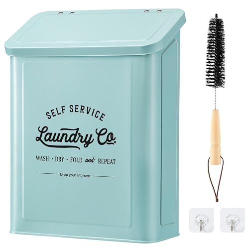 MONJITA Magnetic Lint Bin for Laundry Room, Metal Trash Can with Lid for Dryer, Farmhouse Lint Holder, Laundry Co Sign, Laundry Room Storage Decor with Dryer Lint Brush (Mint) - color: Mint