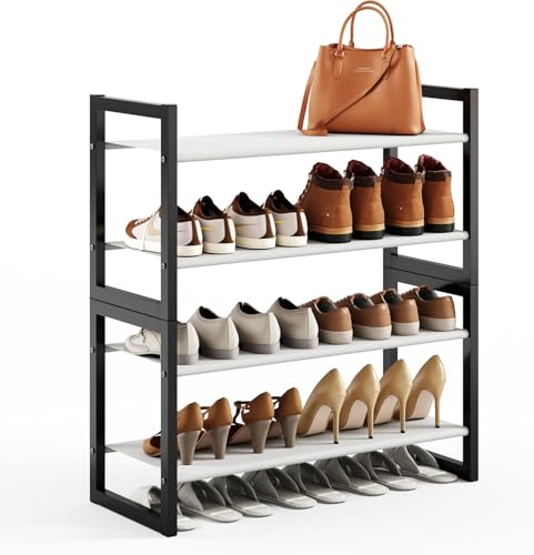 4-Tier Shoe Rack for Closet & Entryway, Stackable Shoe Organizer with Screw-Fastened Metal Frame, Less Wobble Design, Heel-Friendly Non-Woven Shelves, 11.8" Deep Space-Saving Shoe Storage Black - size: 4-Tier