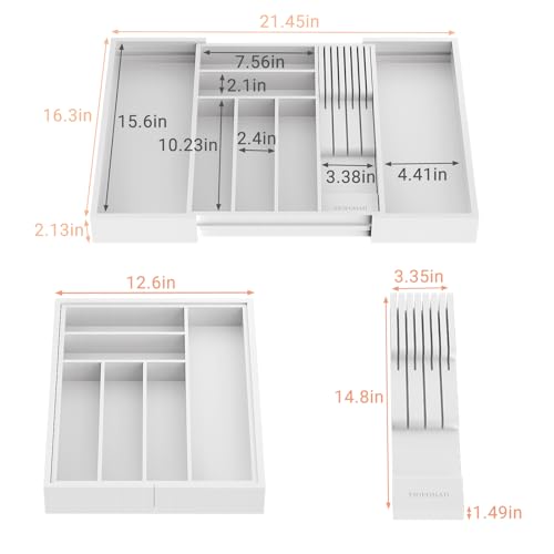 TIOPGHAD Bamboo-Silverware-Drawer-Organizer-Kitchen, Expandable Utensil Holder Cutlery Tray Flatware Organization Adjustable Wood Tableware Dividers Storage (with Removable Knife Block)(White) - color: White, size: Large