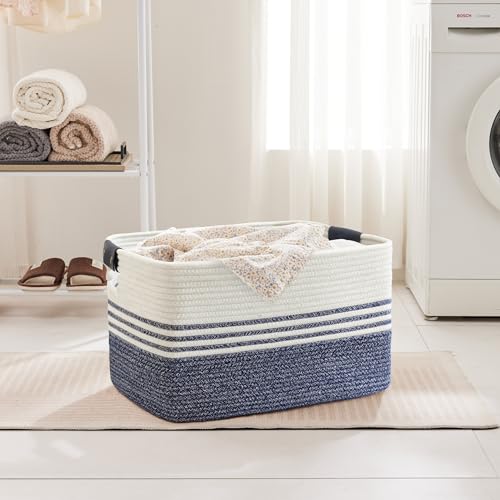 72L Large Laundry Basket with Leather Handles for Living Room Storage, Woven Rope Baskets Bin for Blanket, Kids Toy, Gifts, Wicker Hamper for Bedroom Dirty Clothes, 22"x17"x12" Denim Blue - color: Denim Blue, size: 72L