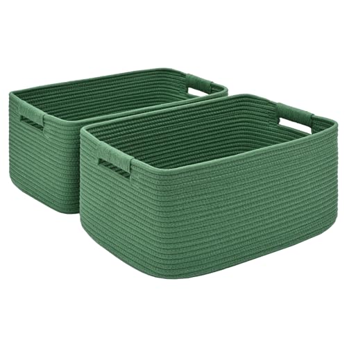 2 Pack Large Storage Basket for Organizing, 17.5"x13"x7" Woven Basket for Shelves, Closet Cube Storage Bins with Wrapped Handle, Cotton Rope Baskets for Kitchen, Clothes, Toys(Green) - color: Green, size: 2 Pack