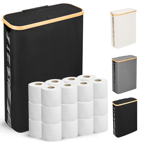 Odonata Large Toilet Paper Storage Basket with Lid, Slim Toilet Paper Organizer, Hold up to 20 Regular Rolls or 15 Mega Rolls. (Black, 49L) - color: Black
