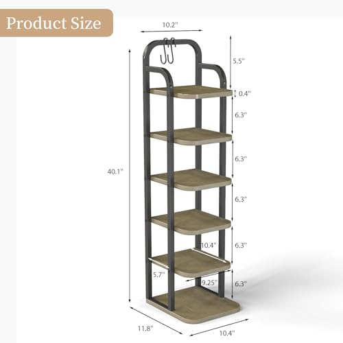 ITEFDTUTNE 6 Tiers Vertical Shoe Rack, Narrow Shoe Tower Adjustable Shelves Wooden Tall Shoe Rack with 2 Hooks, Corner Shoe Storage Organizer for Small Spaces, Entryway, Living Room - color: Light Brown-6 Tiers