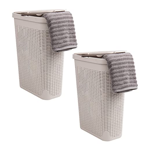Mind Reader Slim Laundry Hamper with Lid, 40L Clothes Basket, Narrow Tapered Design with Ventilated Cutout Pattern, Plastic, Set of 2, Ivory - color: Ivory, size: Set of 2