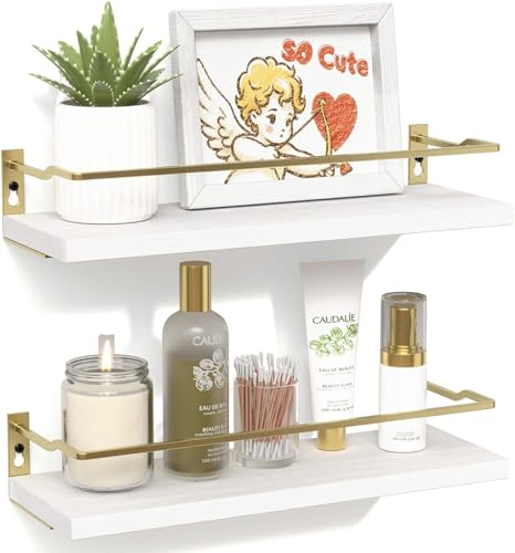 RICHER HOUSE Bathroom Shelves, Small Floating Wall Shelf for Bathroom Decor, Wall Mounted Wood Shelves, Bathroom Organizer Over Toilet Storage, Guard-Rail Kitchen Shelves Set of 2 - White Gold - color: White & Gold