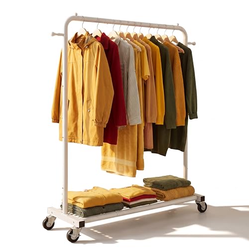 Sywhitta Clothing Rack on Wheels with Mesh Storage Shelf & Sturdy Metal Frame, Rolling Garment Rack for Hanging Clothes, Coats, Skirts, 39.76" L x 16" W x 64.56" H,White - color: White