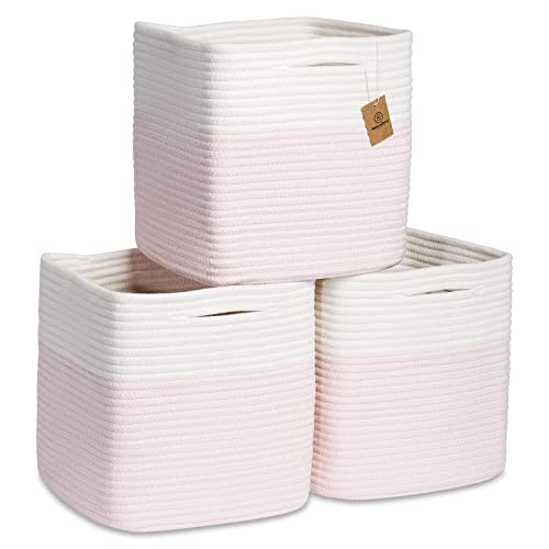 NaturalCozy Storage Cubes 11 Inch Cotton Rope Woven Baskets for Organizing, 3-Pack | Cube Storage Bin | Square Storage Baskets for Shelves Organizer, Classroom, Kids Toy Bins, Closet, Baby Nursery - color: Off White & Mixed Pink