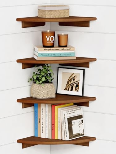 Forbena Corner Bookshelf Wall Mounted Set of 4, Wooden Floating Book Shelves for Nursery, Large Wall Shelving Unit for Living Room Bedroom Bathroom Kitchen Office Classroom Corner (Walnut Color) - color: 2. Walnut, size: 12" Depth