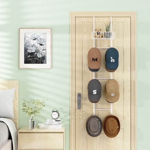 HapiRm Over Door Hat Rack - Wall Mounted Hat Holder with 6 Hooks and Metal Basket Design, Baseball Cap Organizer Storage Up to 32 Caps for Door, Bedroom, Closet (White) - color: White, size: 1 Pack