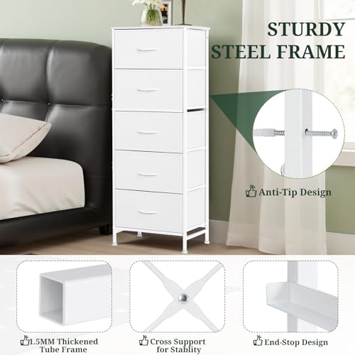 Nightstand, 5 Drawer Dresser End Table Bedside Furniture with Wooden Top Steel Frame Fabric Bins for Bedroom, Closet, Entryway, Dorm, Living Room, White - color: White, size: 11.8"D x 15.8"W x 47.8"H (5 Drawers)