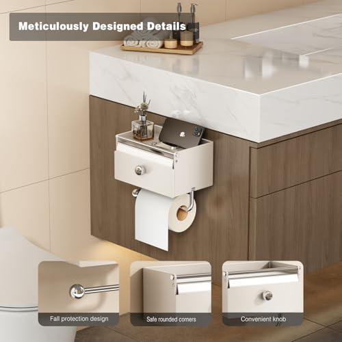 Voldra Toilet Paper Holder with Shelf, Flushable Wipes Dispenser for Bathroom, Adhesive Toilet Paper Roll Holder with Storage Wall Mount Stick On Bathroom Tissue Holder Front Flip Design (Matte White) - color: White, size: Wipes Box