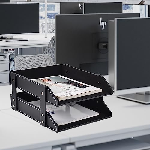Leather Desk Organizer,2-Tier Stackable Letter Tray Holder,Office Supplies Desktop Storage Box for Document,Stationery,Magazines,Newspapers,Letters and Other Home Office Paper Sundries,Black - color: Black