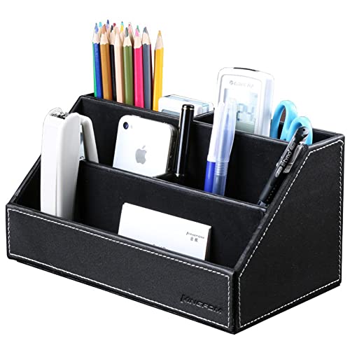 KINGFOM Pu Leather Desk Organizer with 5 Compartments Holder, Multi-Functional Office Supplies Storage Caddy for Pen/Pencil, Phones, Remote Controller and Desktop Accessorie Black - color: Black