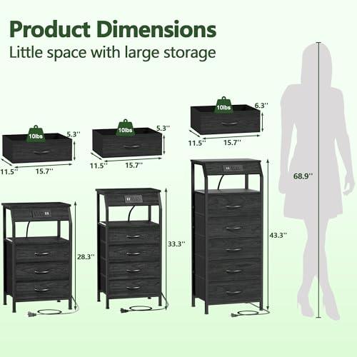 Furnulem 5 Drawers Dresser with Charging Station, Fabric Chest of Drawers with Open Shelf, Tall Night Stand, Bedside Table for Closet, Entryway, Bedroom Furniture, 3 Ways to Use, Black Oak - color: Black Oak, size: 5 Drawer