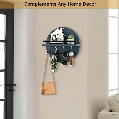 dreampossible Key Holder for Wall Decorative with Shelf and Hooks, Mail Organizer Wall Mount with Sunglasses Holder, Circular Design Entryway Key Rack Hanger, Rustic Home Decor - color: Navy Blue