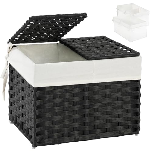 SETVSON Storage Basket with Lid Woven Wicker Baskets with 2 Separate Lid, 9.2 Gallon (35 L) Wicker Storage Bins with Handles, Foldable and 2 Removable Liner Bags for Bedroom, Laundry Room Black - color: Black, size: 35L-15.7L*11.8W*11.8H