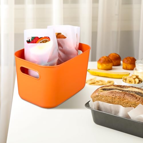 Hoolerry 8 Pieces Colorful Storage Bins with Lid, Plastic Storage Basket Organizing Container Stackable Box with Handle for Shelves Desktop Playroom Office(10.2 x 7 x 6.3 Inch,Orange) - color: Orange, size: 10.2 x 7 x 6.3 Inch