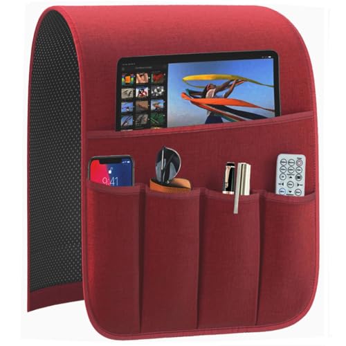 Armrest Organizer Non Slip Remote Control Holder Arm Chair Couch Caddy For Recliner Sofa Bedside With 5 Pocket Storage for Tablet Phone iPad (Winred, W13" x L33") - color: Winred, size: W13" x L33"