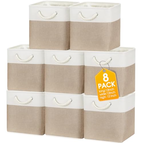 meekoo 8 Pack Collapsible Storage Bins Fabric Storage Bins Polyester Fabric Baskets with Handles Linen Closet Organizer for Shelf Home Closet Towels Toys(12 x 12 x 12 in,Beige) - color: Beige, size: 12 x 12 x 12 In