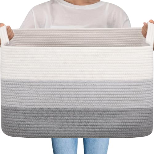 OIAHOMY Large Blanket Basket, 65L Cotton Rope Woven Laundry Basket, Toy Bin for Baby Room, Container for Blanket Storage in Living Room, 20''×16''×12'', Gradient Grey - color: Gradient Grey, size: 65L