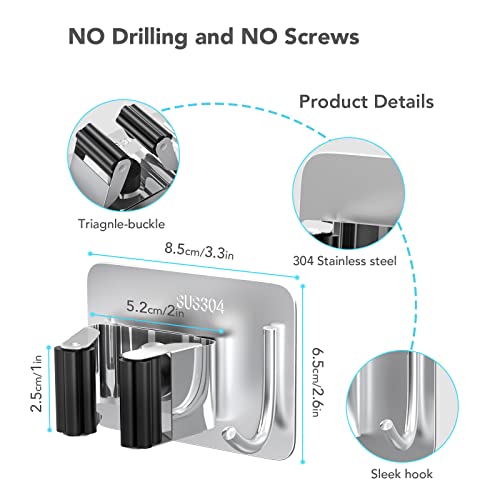 homeasy Mop Broom Holder No Drill, Mop Broom Organizer Wall Mounted Heavy Duty with Hooks Hanger, Self Adhesive Stainless Steel 4Pcs for Bathroom, Kitchen, Office (Multicolor) - color: Silver Mix