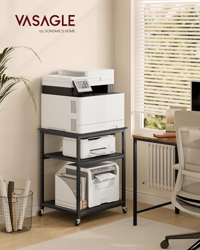 VASAGLE Printer Stand with Locking Wheels, Industrial Mobile Cart, Under Desk Printer Table for Home Office, 23.6 x 19.7 x 29.6 Inches, Storage Shelf, 3-Tier, Ebony Black - color: Ebony Black, size: 3 Tiers/Large