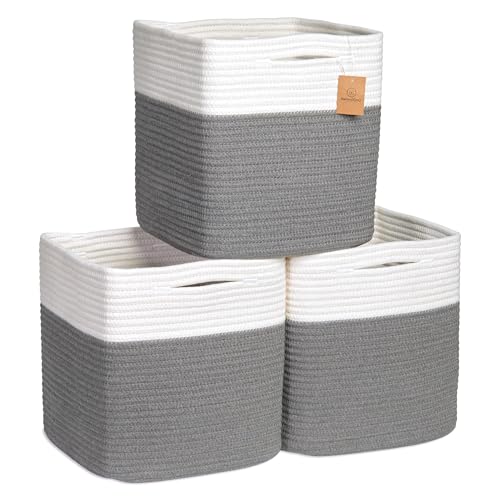 NaturalCozy Storage Cubes 11 Inch Cotton Rope Woven Baskets for Organizing, 3-Pack | Cube Storage Bin | Square Storage Baskets for Shelves Organizer, Classroom, Kids Toy Bins, Closet, Baby Nursery - color: Off White & Charcoal Gray