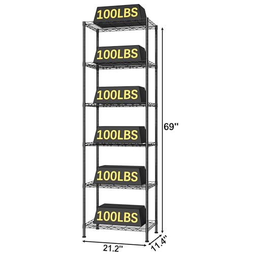 HOMEFORT 6-Shelving Unit, Adjustable Wire Shelving, Metal Wire Shelf Rack Organizer for Kitchen, Pantry, Closet, Bathroom, Laundry, Black,21" W x 11" D x 69" H - color: Black, size: 21"W x 11"D x 69"H