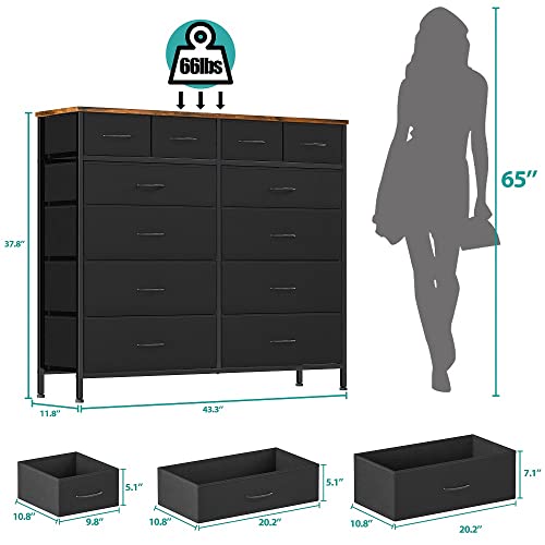 VASICAR Large Dresser for Bedroom with 12 Deep Drawers, Tall Fabric Drawer Dresser, Chest of Drawers for Closet, Nursery, Living Room, Laundry, Entryway, Hallway (Black) - color: Black