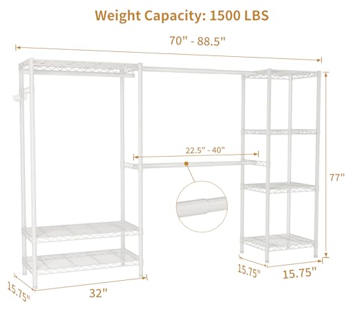 Golpart Heavy Duty Garment Rack Clothes Rack,Large Metal Closet Organizer System Storage Wardrobe,Freestanding Clothing Rack with 9 Adjustable Wire Shelves&3 Hang Rods,MaxLoad 1500lbs White - color: White, size: 15.75"D x (70~88.5)"W x 76.5"H