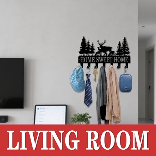 Key Holder Wall Mount, Home Sweet Home Sign, Deer Sign, Key Holder Wall for Wall Decorative with 6 Hooks, Organizer Rack Hanger for Entryway, Front Door, Hallway, Office 9.8 inches - color: Deer Sign Home Sweet Home Sign
