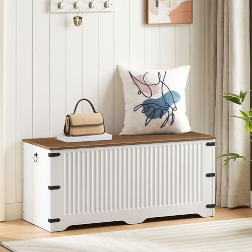 HOOBRO Storage Bench, Toy Box Organizer, Toy Chest with Safety Hinge, Farmhouse Style Storage Chest, 39.3 x 15.7 x 17.7 Inches for Living Room, Bedroom, Entryway, White and Walnut WH26CW01