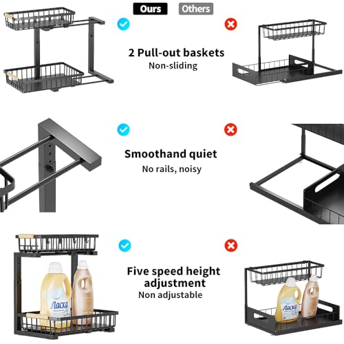 Under Sink Organizer, 2 Tier Metal Under Sink Organizers and Storage, 2 Pack Height Adjustable Slide out Pull out Cabinet Organizer Shelf for Kitchen Bathroom Pantry Cabinet