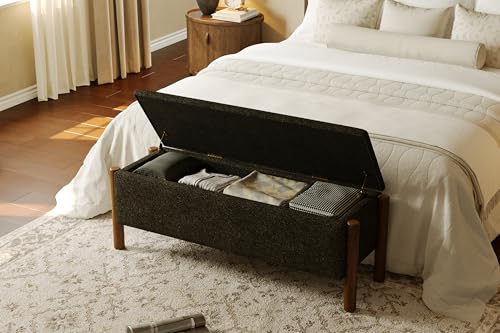 Modern Storage Benches with Walnut Wood Legs, 47'' Ottoman Bench with 20 Gallons Storage Space for Bedroom End of Bed, Fabric Upholstered Entryway Bench with Seating for Livingroom, Gray - color: Grey