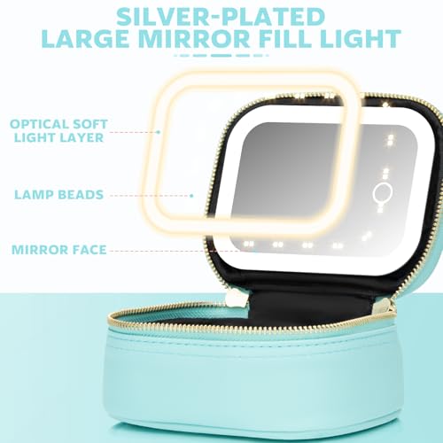 Mini Makeup Bag with Led Mirror, Small Travel Make up Bag 3 Light Modes Adjustable Brightness, for Women Organizer Cosmetic Bag, Portable Travel Train Toiletry Bag, for Pool Parties Work Touch-Ups - color: Blue