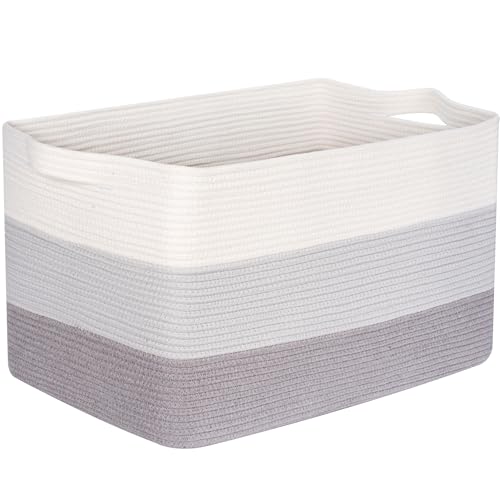 MINTWOOD Design 22in Extra Large Blanket Basket Holder Living Room, Rectangle Rope Woven Storage Basket with Handles for Laundry, Pool Towels, and Shoes, Dog Toy Organizer Bin Box, 3-Tone Light Gray - color: 3-Tone Light Gray
