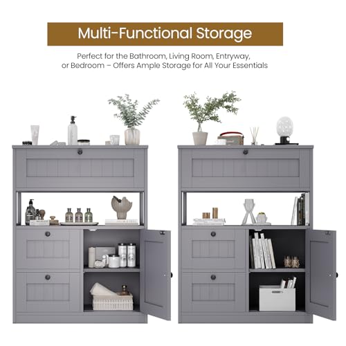 GRUSIGN Bathroom Cabinet, Modern Bathroom Floor Storage Cabinet Organizer with 1 Door and 3 Drawers, Freestanding Cupboard for Kitchen/Living Room Use - color: Grey
