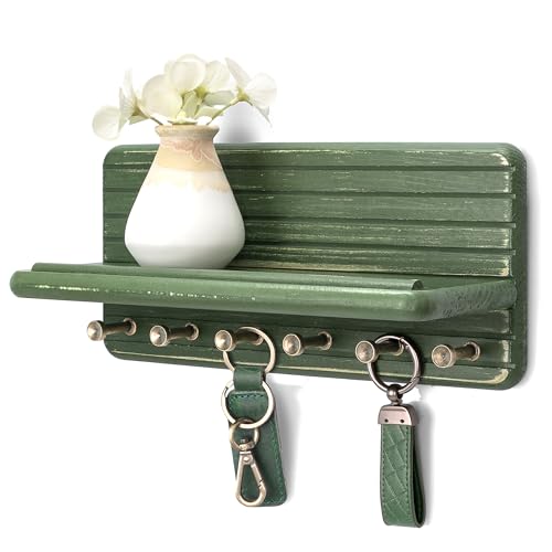 Rebee Vision Pine Wooden Key Holder Wall Mount for Home Decor – Decorative Key Holder for Wall with 6 Hooks & Floating Shelf – Rustic Organizer for Room Decor Aesthetic (Green) - color: Green, size: Medium-11inch