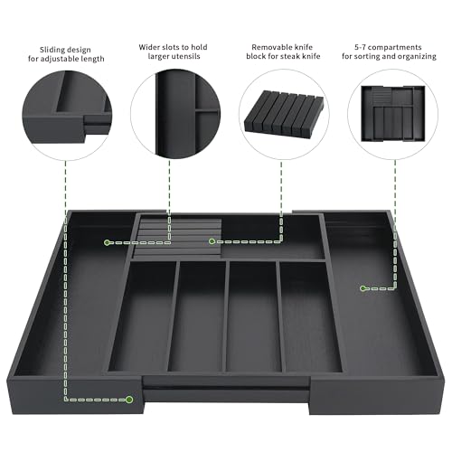 VaeFae Bamboo Silverware Drawer Organizer Kitchen, Expandable Utensil Organizer with Knife Block, Cutlery Tray with Divider, Multifunctional Drawer Organizer (Black) - color: Black, size: Large - Expandable with Block