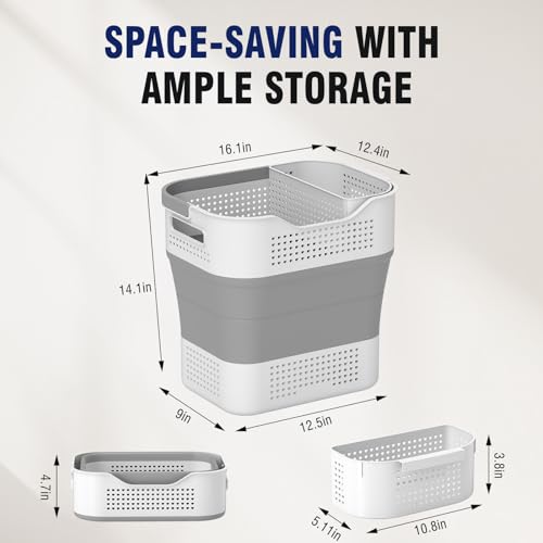 TECHMILLY Collapsible Plastic Laundry Basket Hamper with Handles, 35L Portable Rubber Clothes Basket, Pop Up Storage Container/Organizer with Hanging basket for Washing & Storage, Grey - color: Grey, size: 35L