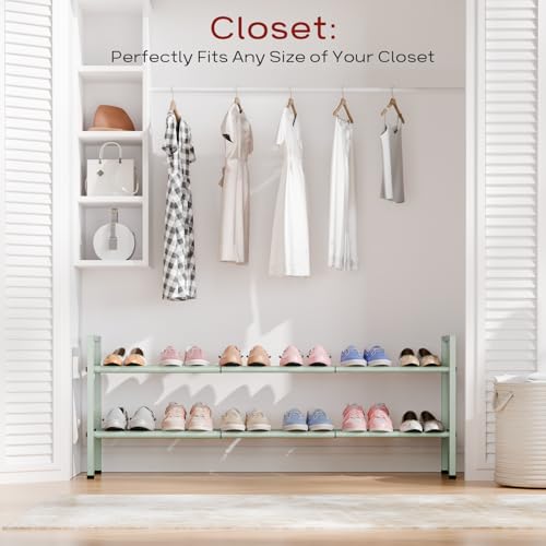 Bumusty 2-Tier Long Expandable Shoe Rack for Closet, 18"-44" Adjustable Shoe Rack for Entryway, 10-12 Pairs Large Shoe Organizer Shelf Storage, Sturdy Metal, Green - color: Green, size: 2-Tier
