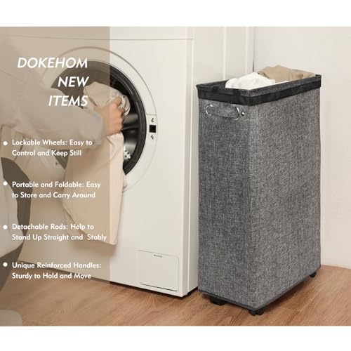 DOKEHOM 25-Inches Slim Laundry Basket on Wheels, Collapsible Rolling Laundry Hamper, Foldable Narrow Corner Clothes Storage Bins (Linen Grey) - color: Linen Grey/M, size: Slim Plus 25"